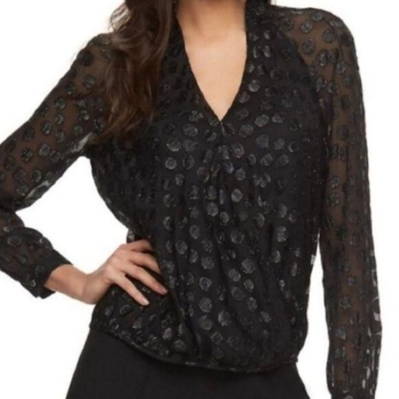 Jennifer Lopez Black Wrap Front Shimmer Sheer Polka Dot Blouse Size XL - Picture 5 of 15